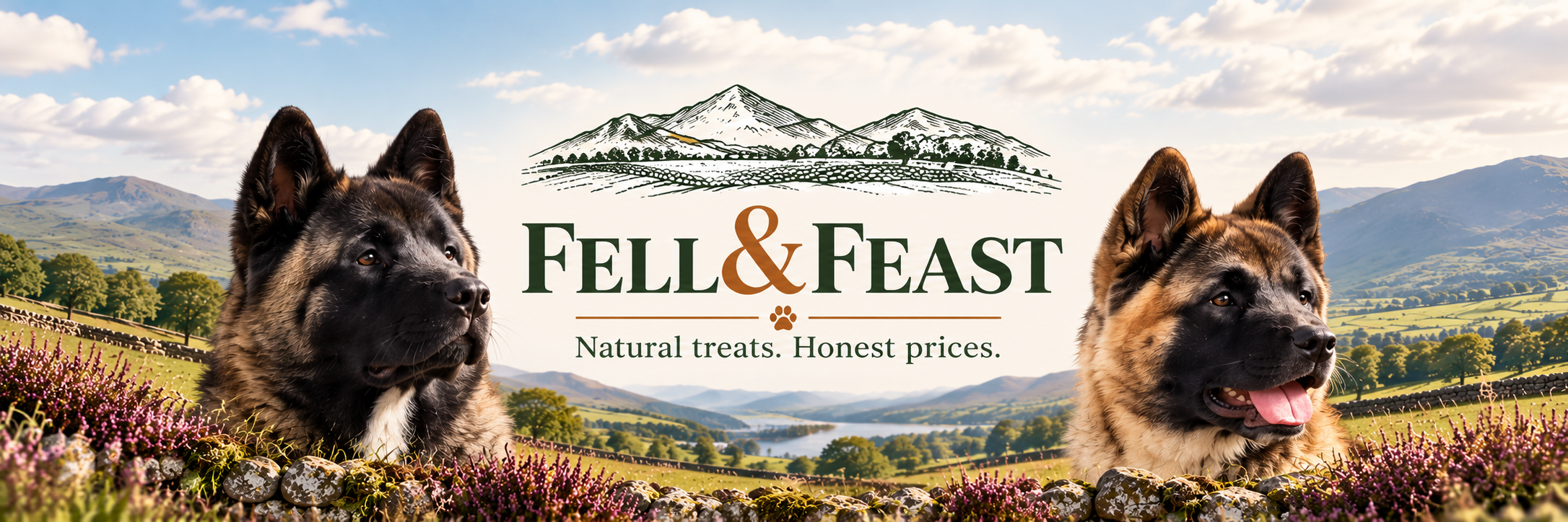 Fell & Feast countryside banner featuring Enzo and Oona, with the words Natural treats. Honest prices.